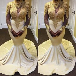 New Unique Gold And White Mermaid Evening Dresses Long 2021 High Neck Long Sleeve Gold Applique Formal Dresses Prom Gowns Free Fast Shipping