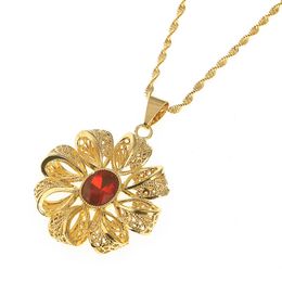 Ethiopian Flower Pendant Necklaces Gold Colour Africa Hollow Out Pendant Necklace with Ruby Engraved