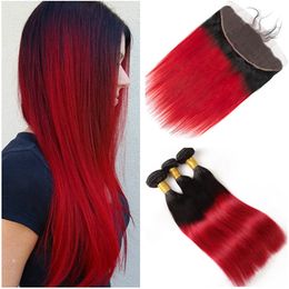 Peruvian Ombre Red Virgin Hair Weaves with Frontal Closure Straight #1B/Blue Ombre Human Hair Bundles Deals with Full Lace Frontal 13x4