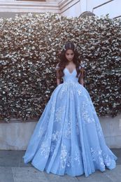 Said Mhamad Baby Blue New Arrival A Line Evening Dresses Off Shoulder Backless Lace Applique Long Prom Dresses Floor Length Formal Gown