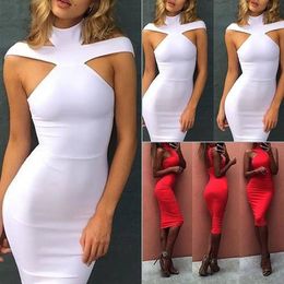 polyester dresses for women UK - Women Summer Sleeveless Bandage Bodycon Evening Party Cocktail Short Mini Dress BlackRed White Color Polyester Sexy Clothing