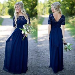 2018 Country Bridesmaid Dresses Hot Long For Weddings Navy Blue Chiffon Short Sleeves Illusion Lace Beads Floor Length Maid Honour Gowns