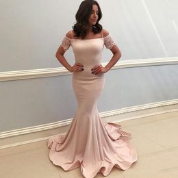 blush cap sleeve dress Australia - Blush Pink Evening Dresses Off Shoulder Short Capped Sleeves Mermaid Prom Gowns Backless With Bow Custom Made Sweep Train Formal Party Dress