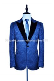 New Arrival Groomsmen Royal Blue Pattern Groom Tuxedos Peak Satin Lapel Men Suits Side Vent Wedding/Prom Best Man ( Jacket+Pants+Tie ) K982