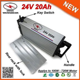 Aluminium cased Electric Bike Battery 24V 20Ah 500W Rear Rack battery used 3.7V 18650 cell & 30A BMS + 2A charger FREE SHIPPING