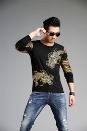 Men's T-shirts Lycra Men Autumn Bottoming Dragon Embroidery Luxury Tshirts Long Sleeved Tops H7HV