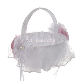 White Wedding Flower Basket With Elegant Satin Round And Pink Rose Girl Baskets Favours Decor H5634277G
