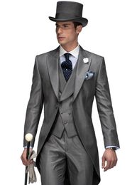 Morning Style Grey Tailcoat Groom Tuxedos Eiegant Men Wedding Wear High Quality Men Formal Prom Party Suit(Jacket+Pants+Tie+Vest) 977