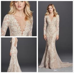 Champagne Mermaid Wedding Dresses Long SLeeves V Neck Full Lace Detail and Button Back Modest Bridal Gowns