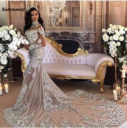 Romantic Evening Dress Long Sleeves Mermaid High Neck Beads Crystal Lace Muslim Formal Prom Dress Evening Gown Abendkleider 2023