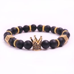 Black Zirconia Gold King Crown Charm Bracelet Men Dull Polish Matte Stone Bead Bracelets For Men Women Gift