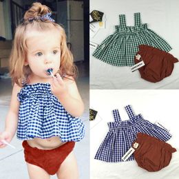 Cute Summer Baby Girls Clothes Sets Casual Grid Condole Belt Tops+PP Pants Infant Kids Children Suits