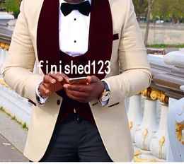 Latest Design Groom Tuxedos One Button Beige Shawl Lapel Groomsmen Wedding Mens Blazer Party Suits (Jacket+Pants+Vest+Tie) J641