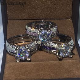 choucong Wholesale 3 Colours 2-in-1 Diamond ring White gold filled Engagement Wedding Band Rings set For Women Men