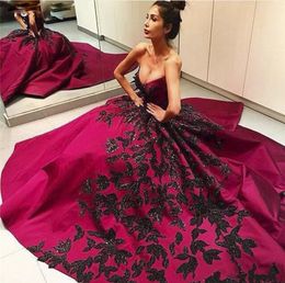 Fuschia Sweetheart Neckline 2018 Prom Dress Sexy Backless Black Appliques Evening Gowns Satin Sequined Formal Dresses