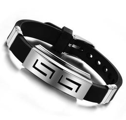 Charm Fashion Silicone Rubber Silver Slippy Hollow Strip Grain Stainless Steel Men Bracelet Bangle Wristbands Black pulsera