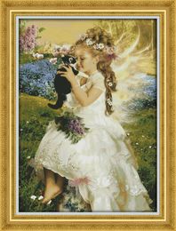 The girl holding the cat, DIY Western handmade Cross Stitch Needlework Sets, embroider Counted Print on canvas DMC 11CT /14CT