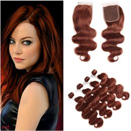 Body Wave Brazilian Dark Auburn Human Hair Bundles with Lace Closure 4x4 #33 Copper Red Top Closure with Virgin Hair Weaves Extensions