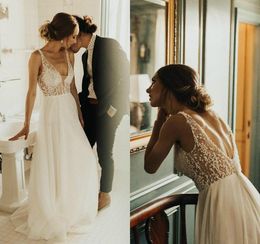 Ivory Bohemian Illusion Boho Wedding Dresses Vintage V Neck Backless A Line Beaded Bridal Gowns Cheap Sexy Beach Wedding Dress