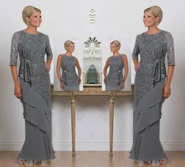 Grey Mother Of The Bride Dresses Long Lace Sequined Ankle Length Half Long Sleeves Mother's Gowns Wedding Guest Dress Plus Size Dress Party