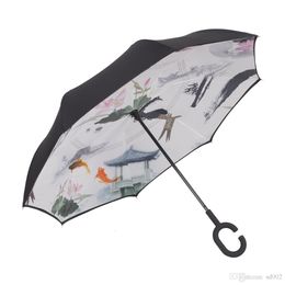 With C Hand Rainproof Umbrella Windproof Reverse Double Layer Inverted Umbrellas Soft Anti Skid Bumbershoot Multi Colours 35 Kk BB