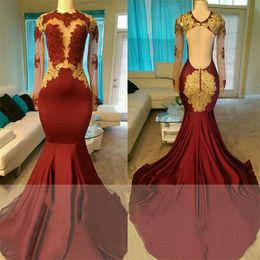 Red Mermaid Prom Dresses Long SLeeves Jewel Gold Appliques Arabic Prom Dresses Sweep Train Open Back Formal Evening Party Gowns