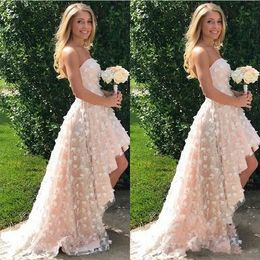 New Sexy Garden Beach Blush Pink A Line Dresses Strapless Hi-Lo Tulle Handmade Flowers Sleeveless Backless Wedding Bridal Gowns