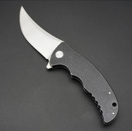 1Pcs Ball Bearing Fast Open Flipper Folding Knife D2 Satin Scimitar Blade Black Stone Wash Stainless Steel Handle EDC Tools