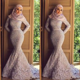 Gorgeous Mermaid Muslim Evening Dresses 2018 High Neck Full Lace Appliques Long Sleeves Islamic Party Dress Dubai Saudi Arabic Prom Dresses