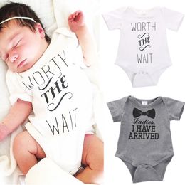 Summer Baby Clothes Letter Worth The Wait Infant Baby Boys Girls Rompers Short Sleeve Romper Bow Tie Jumpsuit Outfits Clothes Boys 0-24M