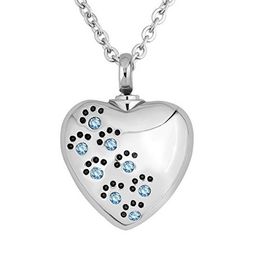 Unisex Stainless Steel Engraving Ashes Pendant Heart Footprint Necklaces Blue Diamond Paw Love Heart Memorial Necklace Cremation Jewellery