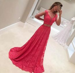 cap sleeves lace dress NZ - Beautiful Two Piece Prom Dresses Custom Size Cap Sleeve V-Neck Long Lace Dress for graduation 2 Pieces Evening Party Gowns