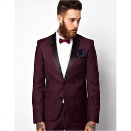 New Arrivals Two Button Burgundy Groom Tuxedos Peak Lapel Groomsmen Best Man Blazer Mens Wedding Suits (Jacket+Pants+Tie) D:106