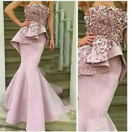 2020 New Sexy Strapless Evening Dresses Pink Lace 3D-floral Appliques Mermaid Peplum Satin Belt Elegant Prom Gowns vestidos de novia