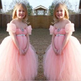 Pink Flower Girl Dresses Off The Shoulder Simple Tulle Floor Length Sequins Sash Girls Pageant Dresses Custom Made Girls Birthday Party Wear