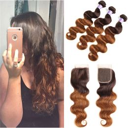 Ombre Two Tone 4/30# Black and Brown Human Hair Lace Closure With Weave Malaysian Body Wave Human Hair 3 Bundles with Closure