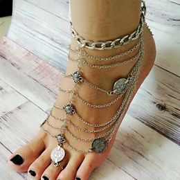 Fashion Coin Deco Barefoot Sandals Stretch Anklet Chain with Toe Ring Fashion Anklets Chain Sandbeach Wedding Bridal Bridesmaid Foot Bangle