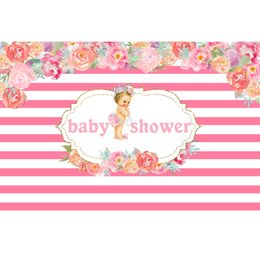 Pink and White Striped Baby Shower Backdrop Printed Flowers Newborn Photography Props Little Princess Royal Birthday Background