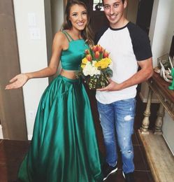 Emerald Green Long Prom Dresses 2 Pieces Satin A Line Spaghetti Floor Length Prom Dress Formal Women Special Occasion Evening Party Wears