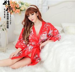3PCS Women's Printing Floral Kimono Robe Charming Silk Bathrobe Short Robe Sexy Pajama Sets Erotic Clubwear Robe Underwear