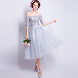 Fairy Bridesmaid Dresses Light Grey Soft Tulle with Applique Strapless Zipper Back Tea Length Summer Wedding Party Dresses Cheap