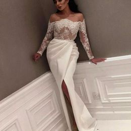 Sexy High Slit Off the shoulder Mermaid Wedding Bridal Gowns For Women Lace See Through Designer Cheap Long Satin Applique Lace Beaded