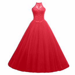 2018 New Red Royal Blue Quinceanera Dresses Ball Gown Crystals Pearls Ruffles Tulle Lace Up Back Pageant Gowns For Girls Q45