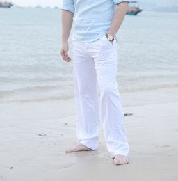 Мужские льняные брюки, летние однотонные пляжные повседневные длинные брюки, свободные брюки большого размера для отдыха