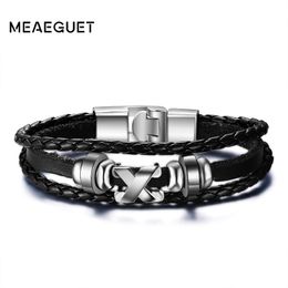 Vantage Black Colour Leather Bracelet Men's Wristband Wave Braided X Letters Stainless Steel Male Accessories Jewellery