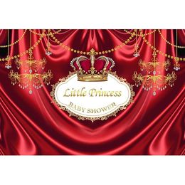 Customized Birthday Party Photo Booth Backdrop Printed Red Curtain Gold Crown Little Princess Girl Royal Baby Shower Background