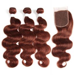 #33 Dark Auburn Virgin Peruvian Human Hair 3 Bundles Deals with Closure Body Wave Copper Red Lace Closure 4x4 with Human Hair Weaves