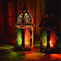 Vintage Metal Hollow Candle Holder Colour Glass Crystal Moroccan Candlestick Hanging Lantern Wedding Party Home Decor