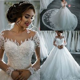 Arabic Dresses Vintage Sheer Neck Long Illusion Sleeves Lace Applique Beads Crystals Wedding Dress Bridal Gowns