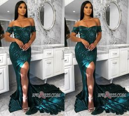 Sexy Mermaid Prom Dresses Off The Shoulder Side Split Sequined Sweep Train Short Sleeve Evening Gowns Women Abiti Formal Dress Party Wear